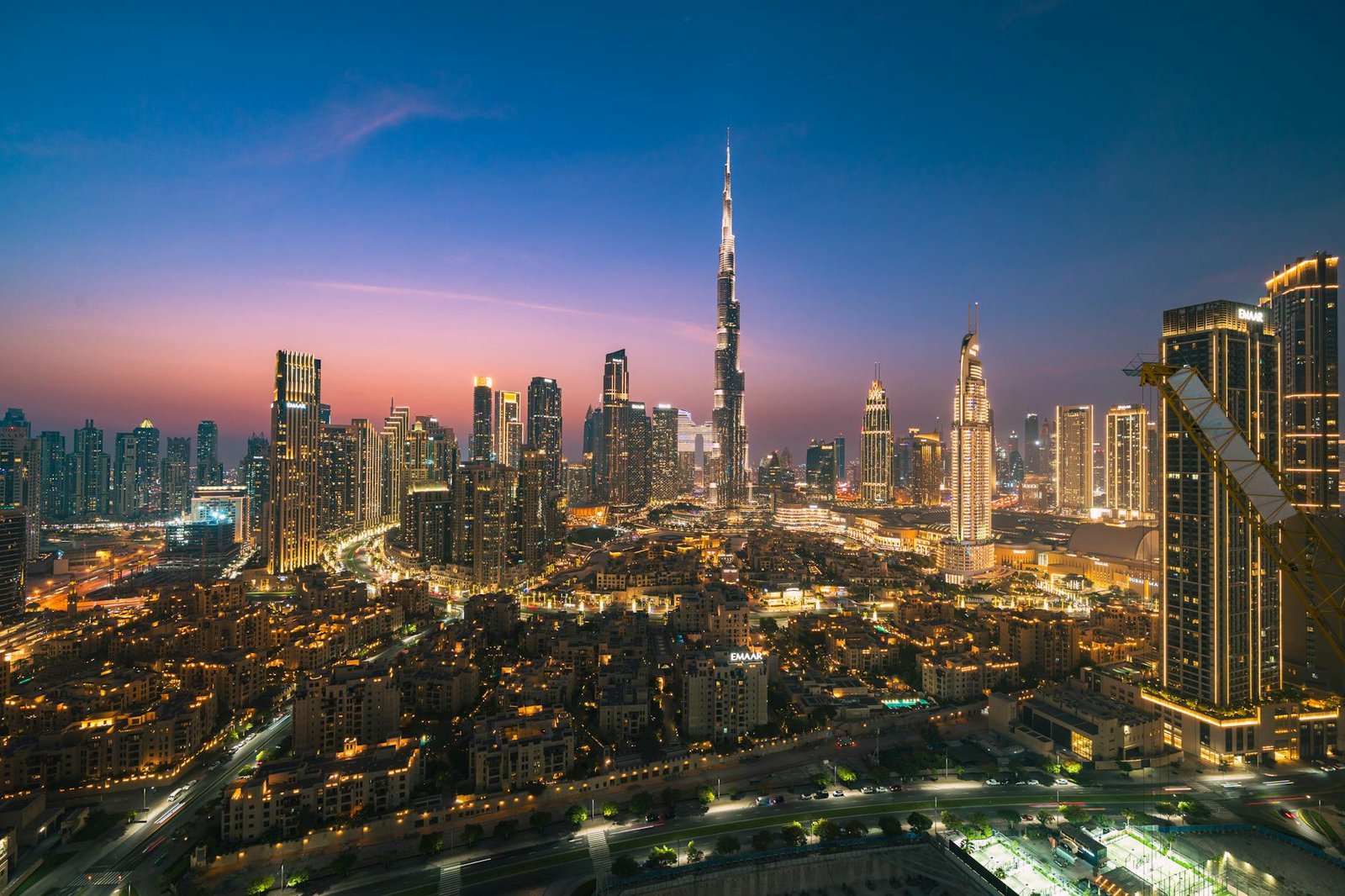 Breathtaking view of Dubai's skyline at twilight featuring the iconic Burj Khalifa.